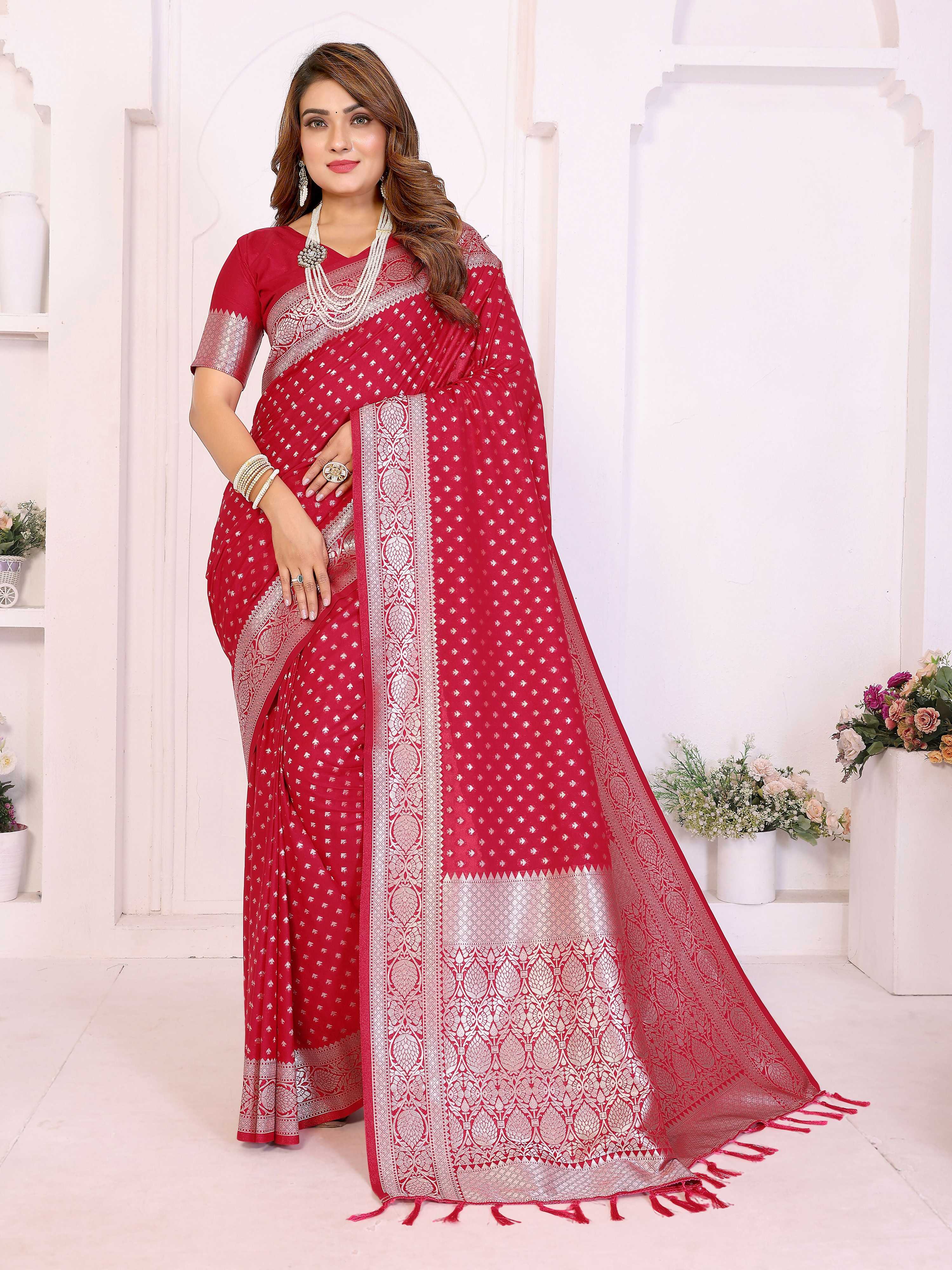 Aastha Fashion Red Georgette Silk Zari Weaving Saree