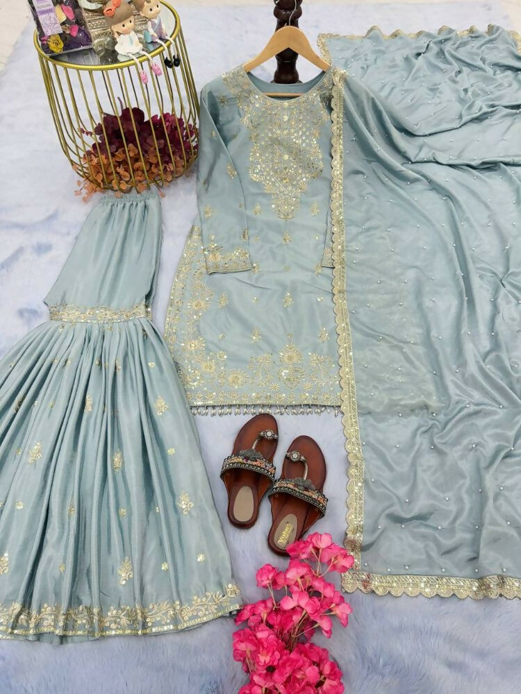 Teeya Creation Mint Green Color Chinnon Silk Embroidery Work Wedding Wear Salwar Suit