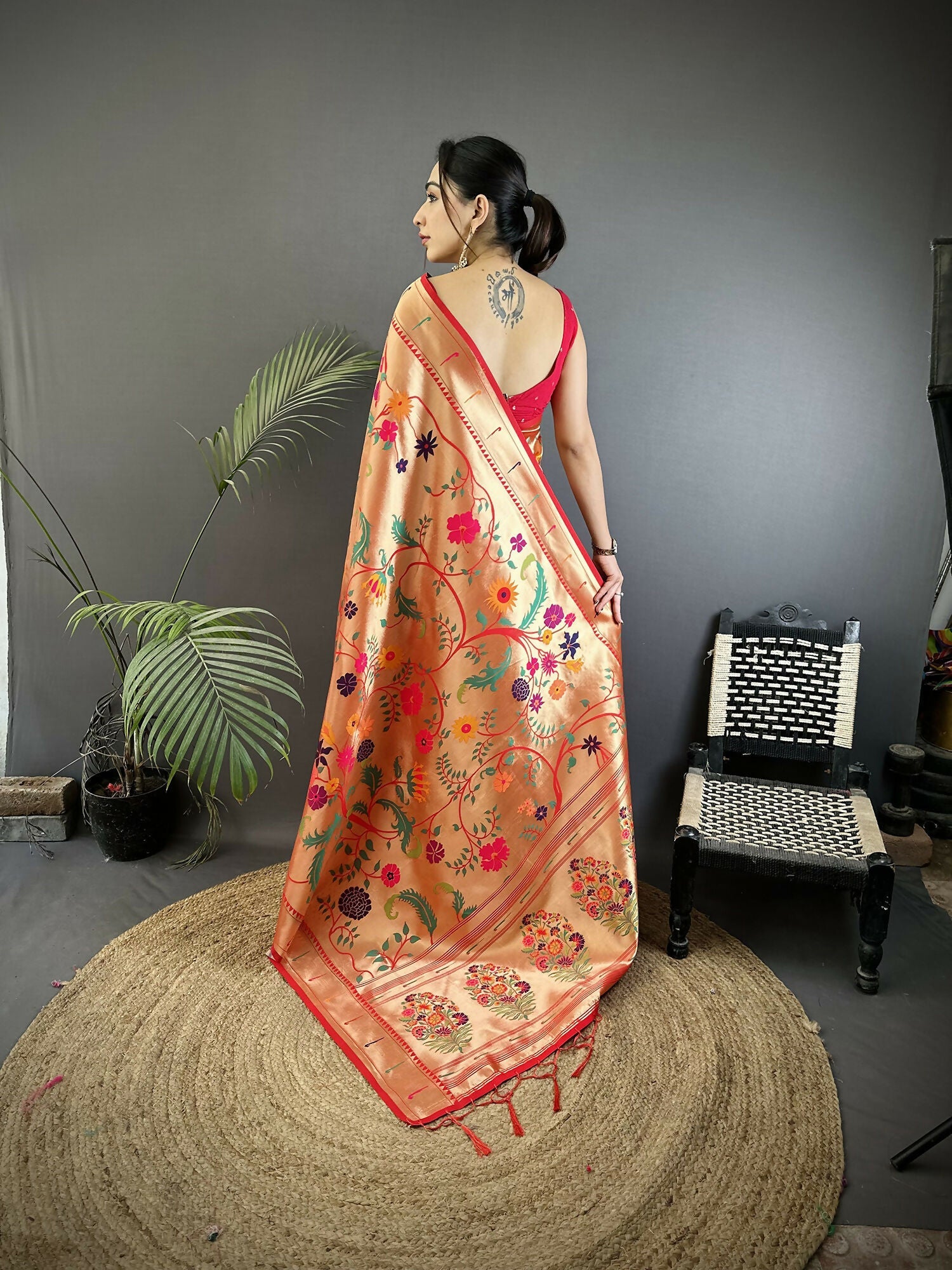 Joban Fashion Pastel Red Floral & Bird Motifs Soft Silk Paithani Saree