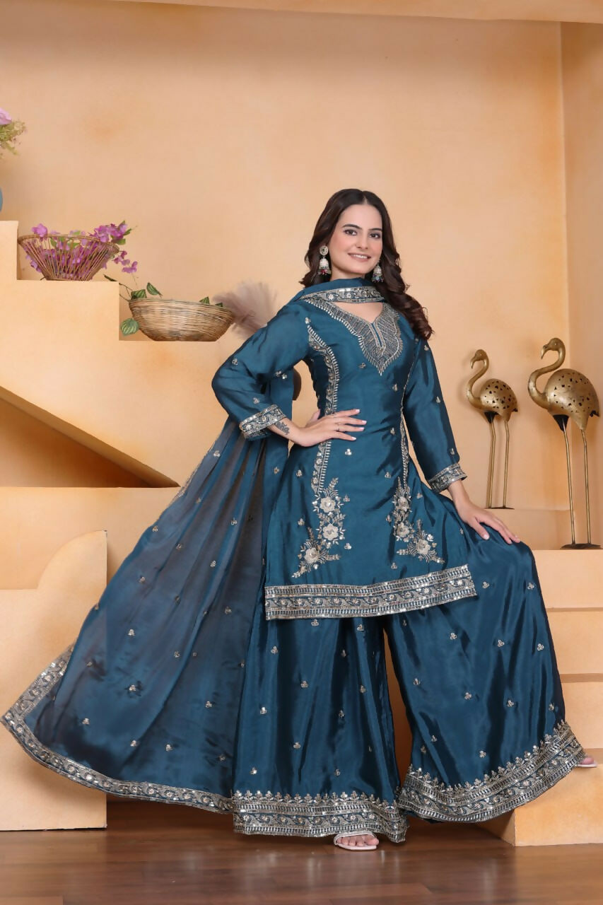 Teeya Creation Teal Color Chinon Silk Wedding Wear Trending Palazzo Set