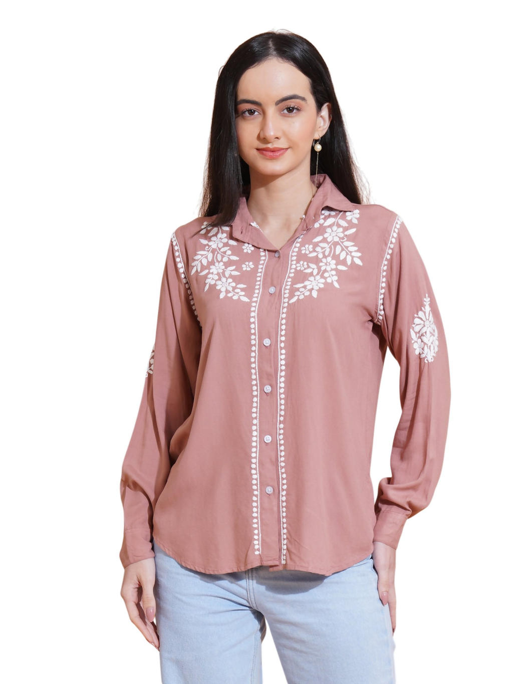 Pahnaz Modal Chikankari Handwork Shirt-Brown