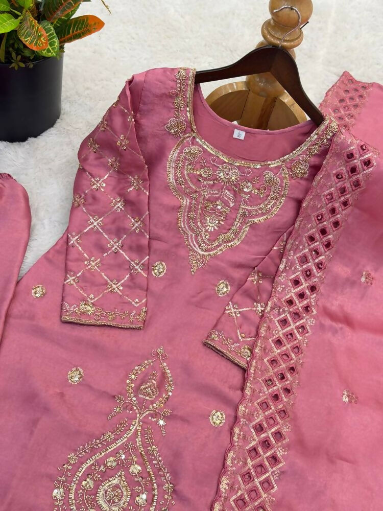 Teeya Creation Pink Color Gimmychu Silk Embroidery Work Wedding Wear Salwar Suit