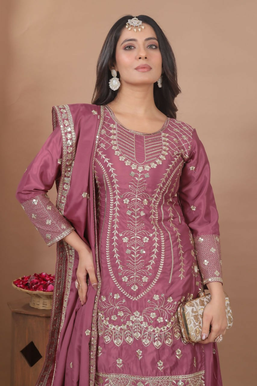 Teeya Creation Dark Onion Color Natural Crepe Silk Wedding Wear Trending Salwar Suit