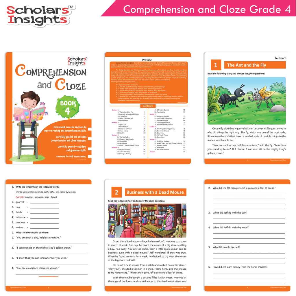 Scholars Insights Comprehension and Cloze Grade 4|English Vocabulary, Grammar Skill Book 4| Ages 9-10 Years