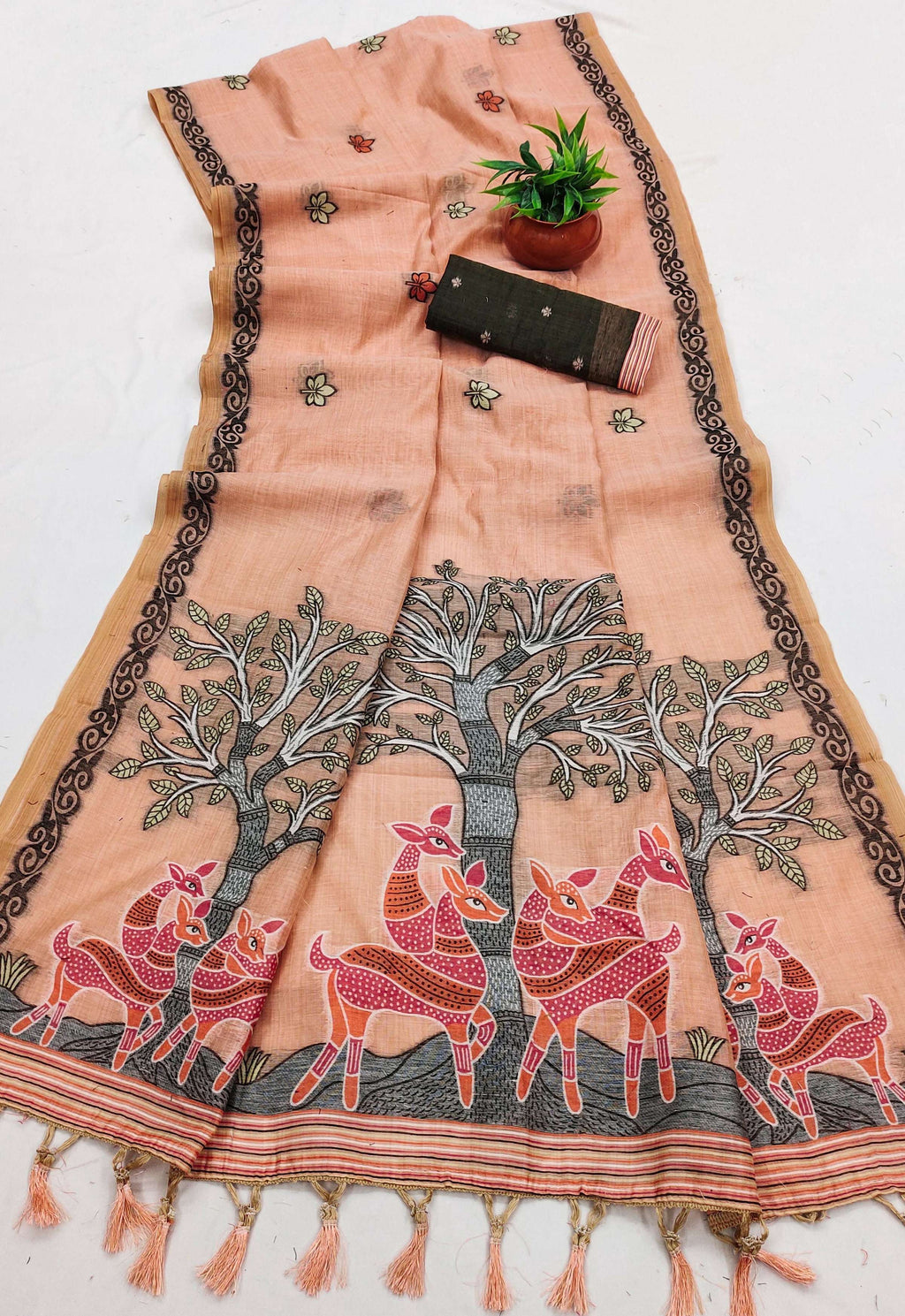Vastranavya Peach Muga Cotton Meenakari & Azarakh Pallu Saree with Contrast Blouse