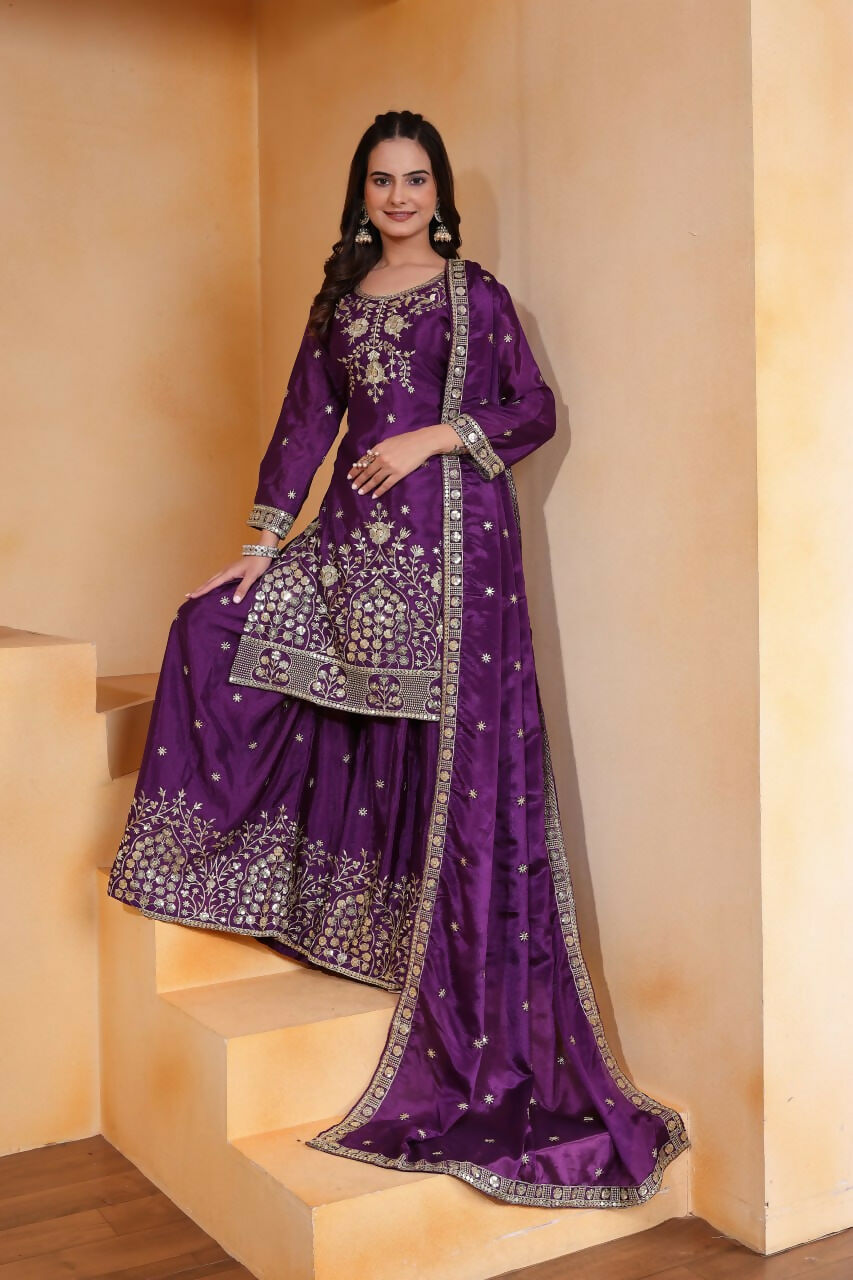 Teeya Creation Purple Chinon Embroidery Work Party Wear Palazzo Suit