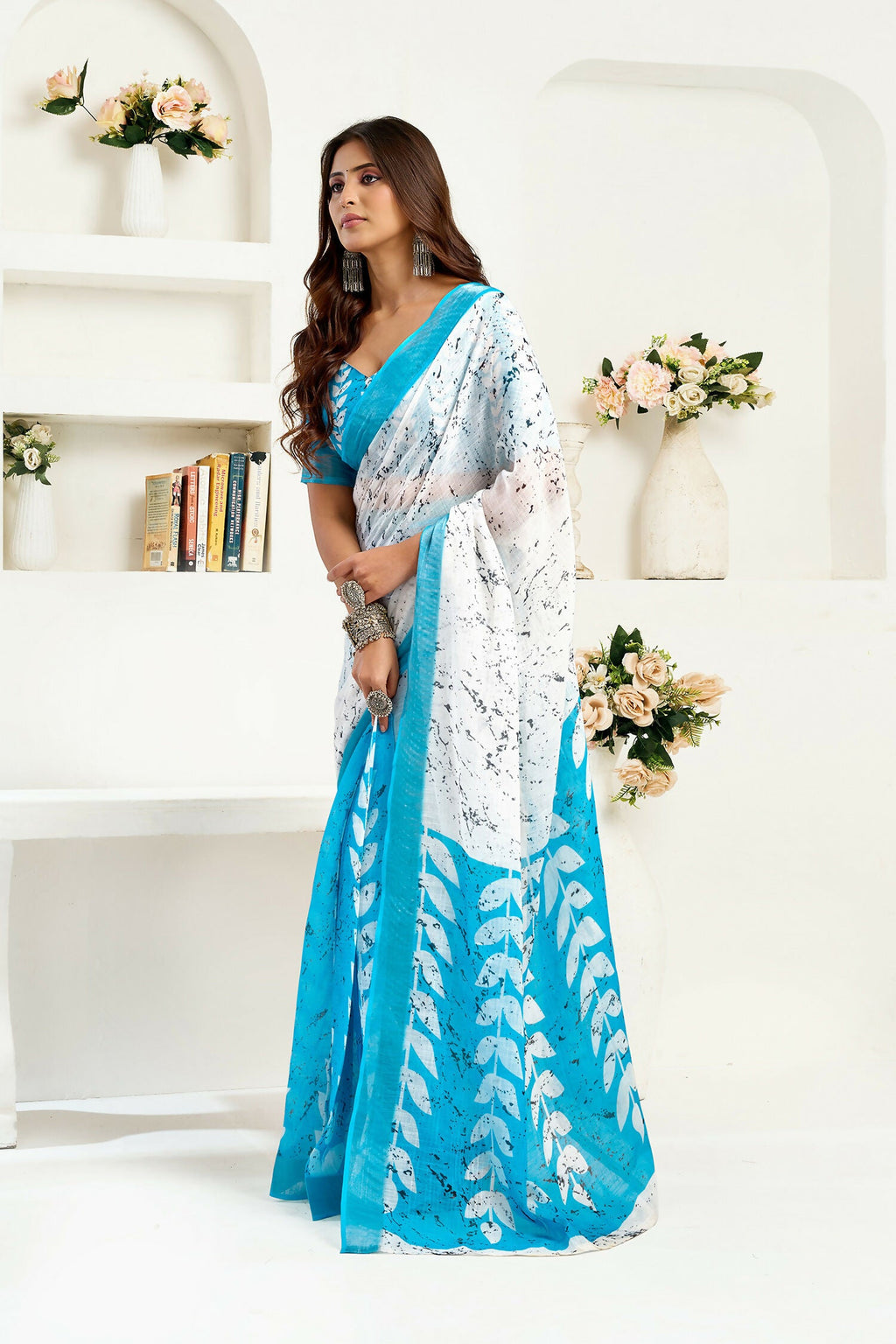 Joban Fashion White Leaf Linen Ready To Wear Saree With Unstitched Blouse