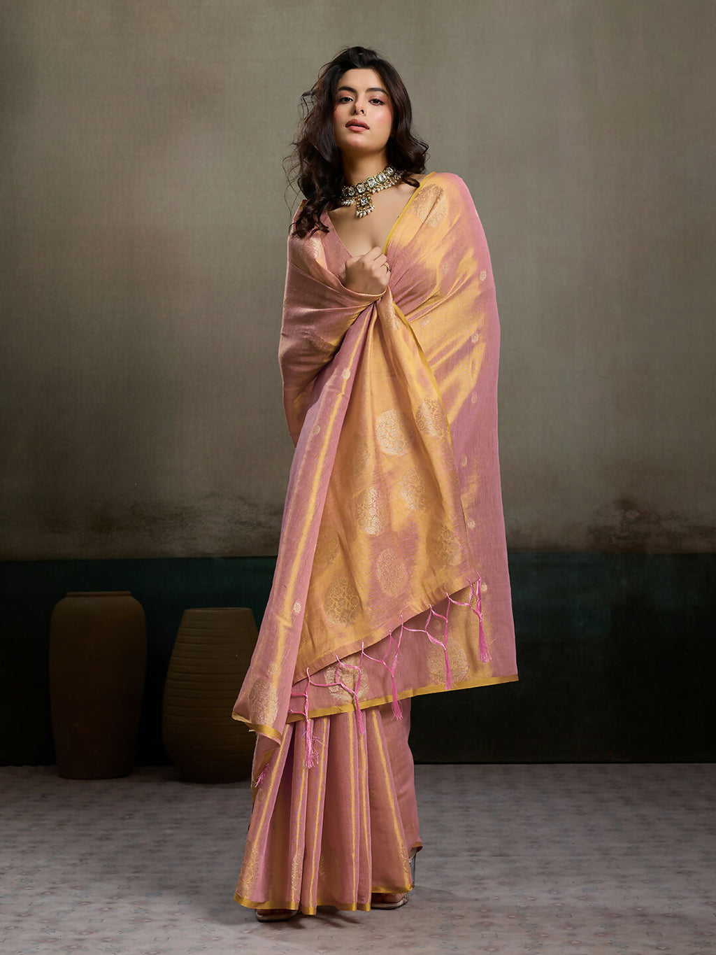 Shree Shyam Fashion Light Pink Tissue Silk Saree