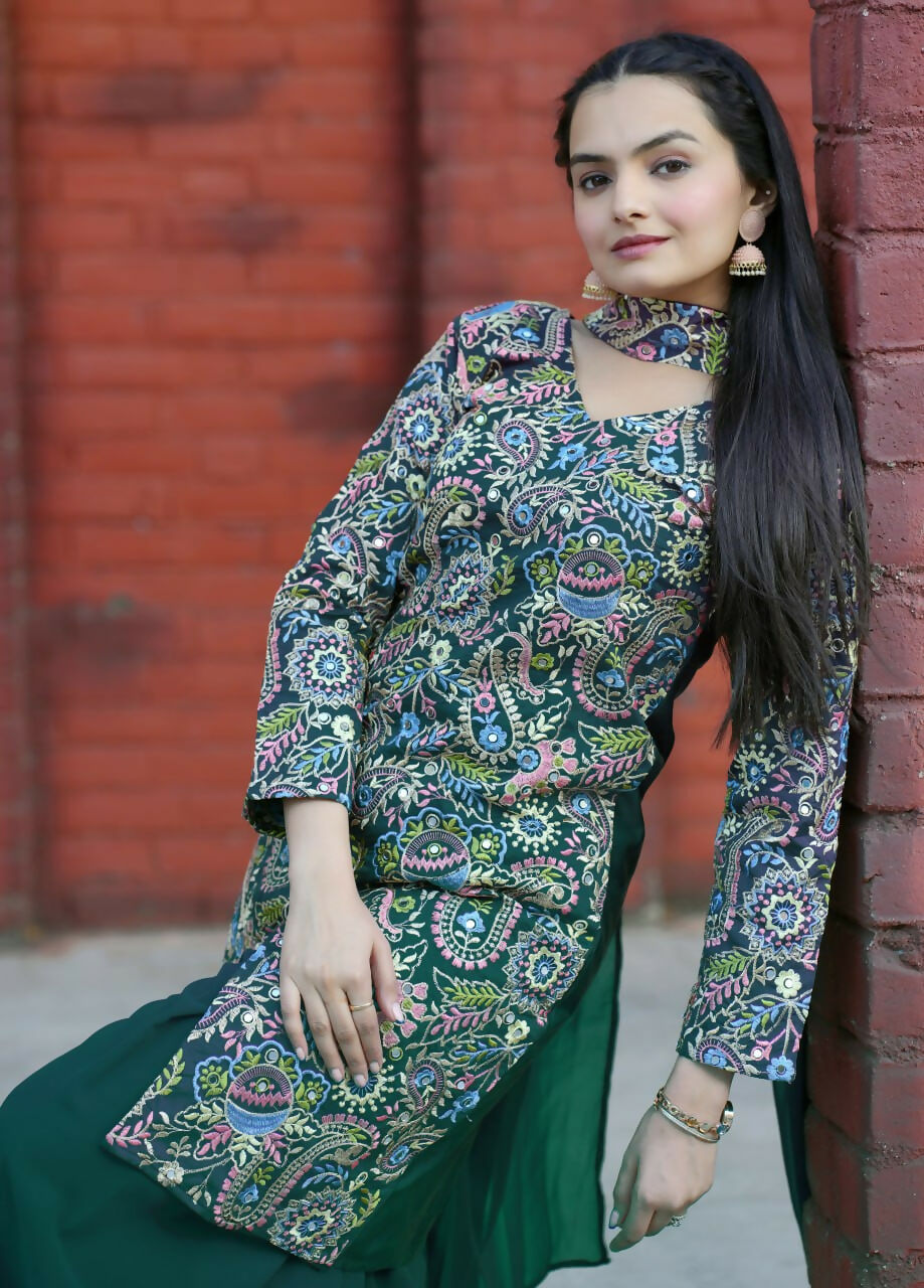 Teeya Creation Green Color Tapeta Silk Embroidery Work Party Wear Palazzo Set