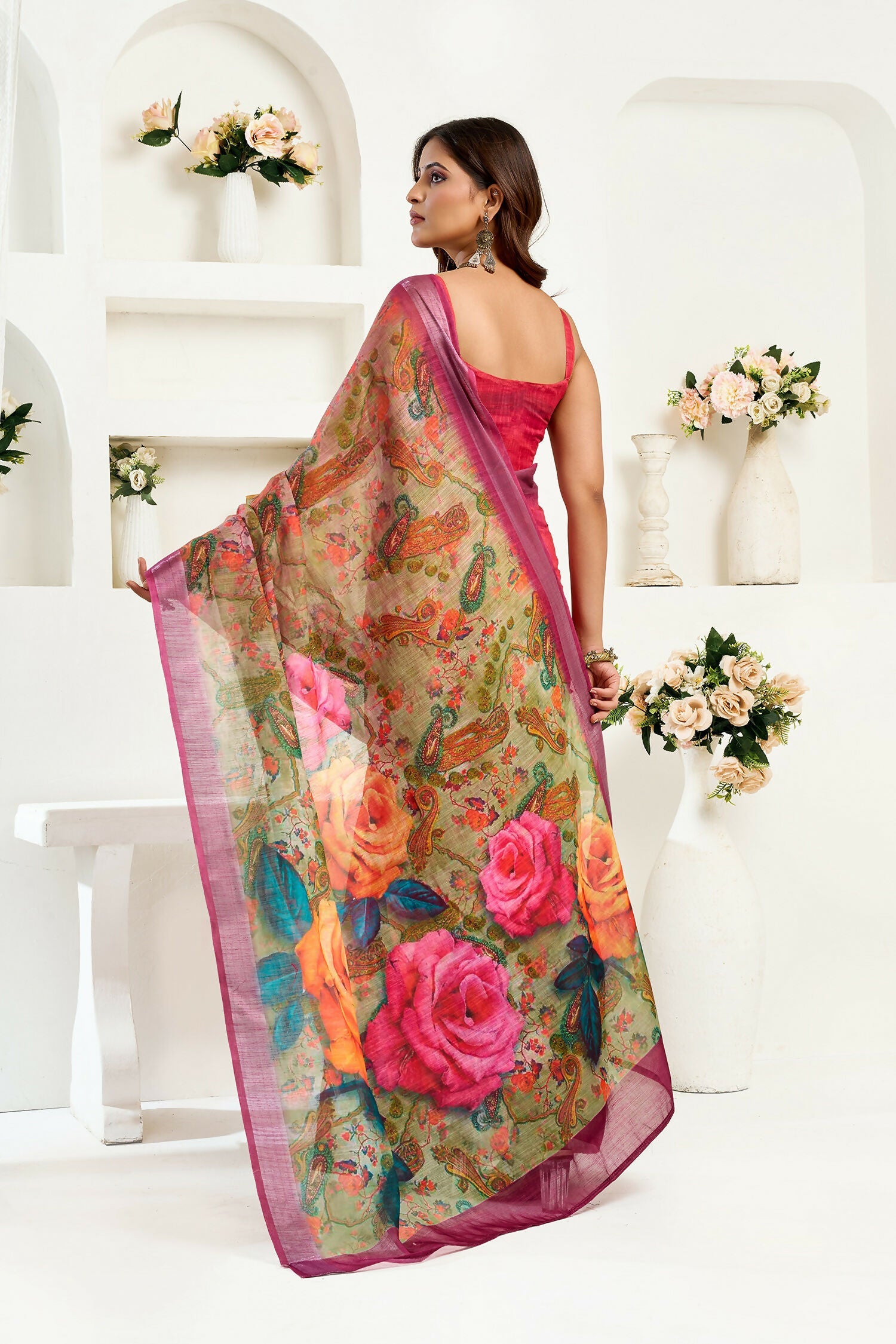 Joban Fashion  Onion Pink Floral Linen Ready To Wear Saree With Unstitched Blouse