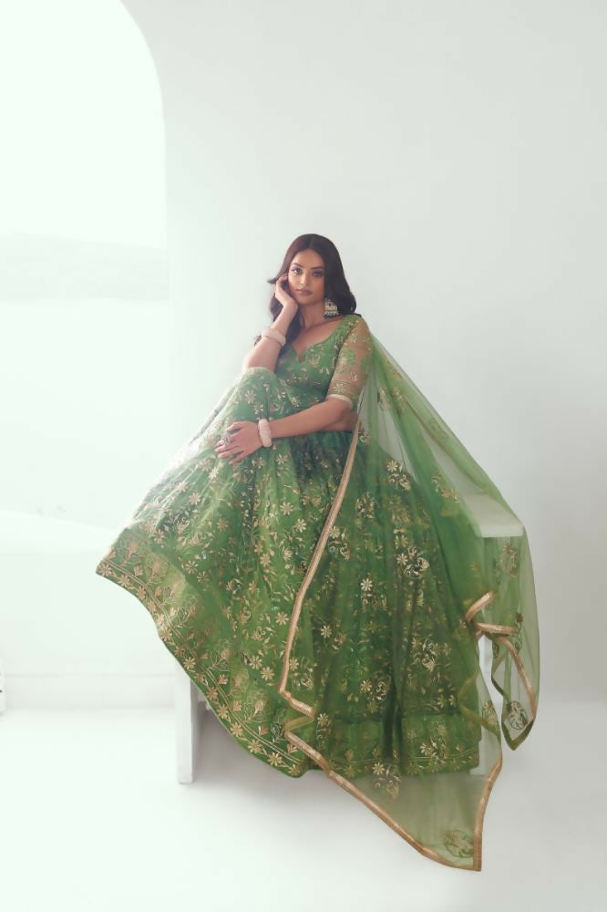 Aastha Fashion Pista Green Butterfly Net Tone To Tone Cotton Thread Work And Sequence Work Embroidery Wedding Wear Lehenga Choli