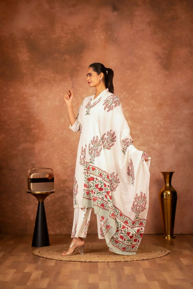 Joban Fashion Off White Pink Hand Block Printed Cotton Suit Set