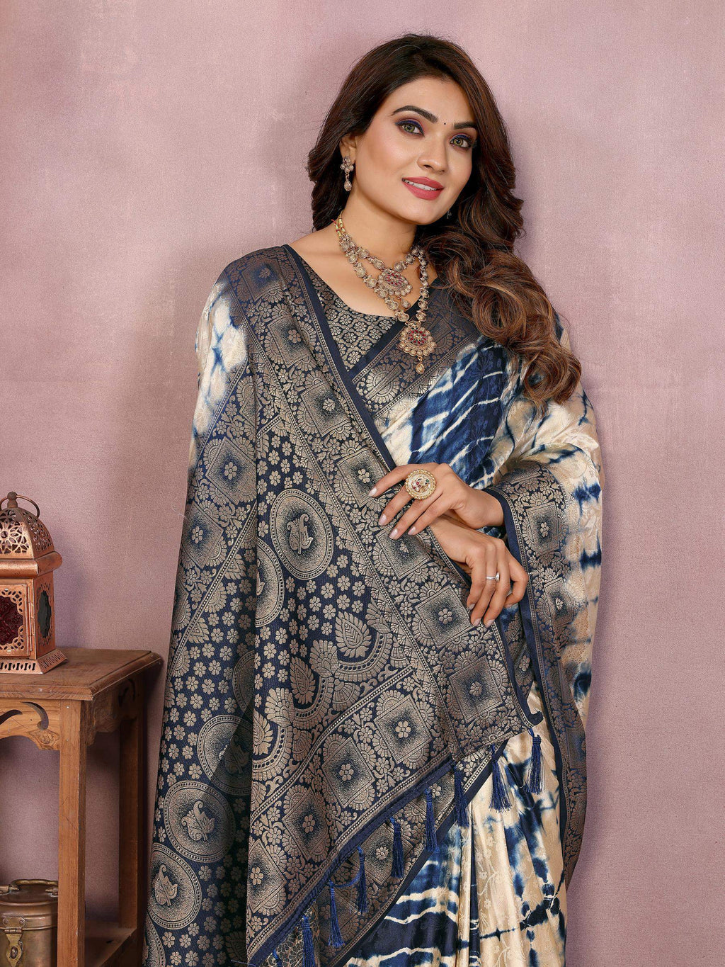 Anaita Navy Soft Satin Silk Saree With Zari Weaving Work