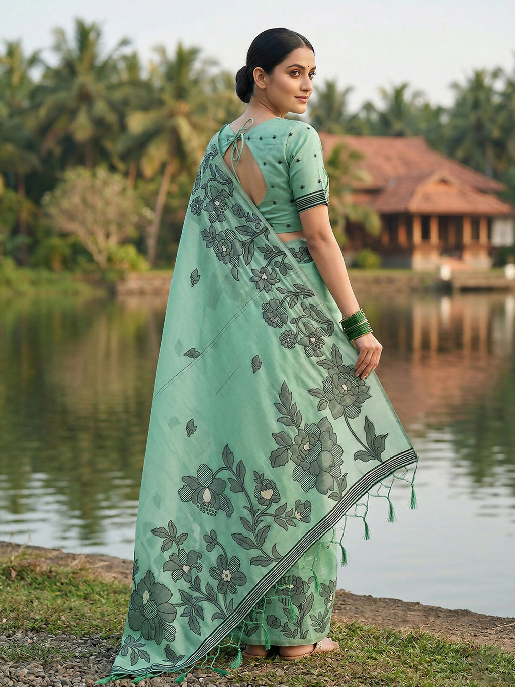 Shree Shyam Fashion Rama Green Linen Cotton Saree