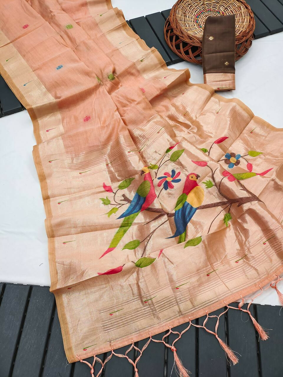 Vastranavya Peach Muga Cotton Meenakari & Munia Weaving Pallu Saree with Contrast Blouse