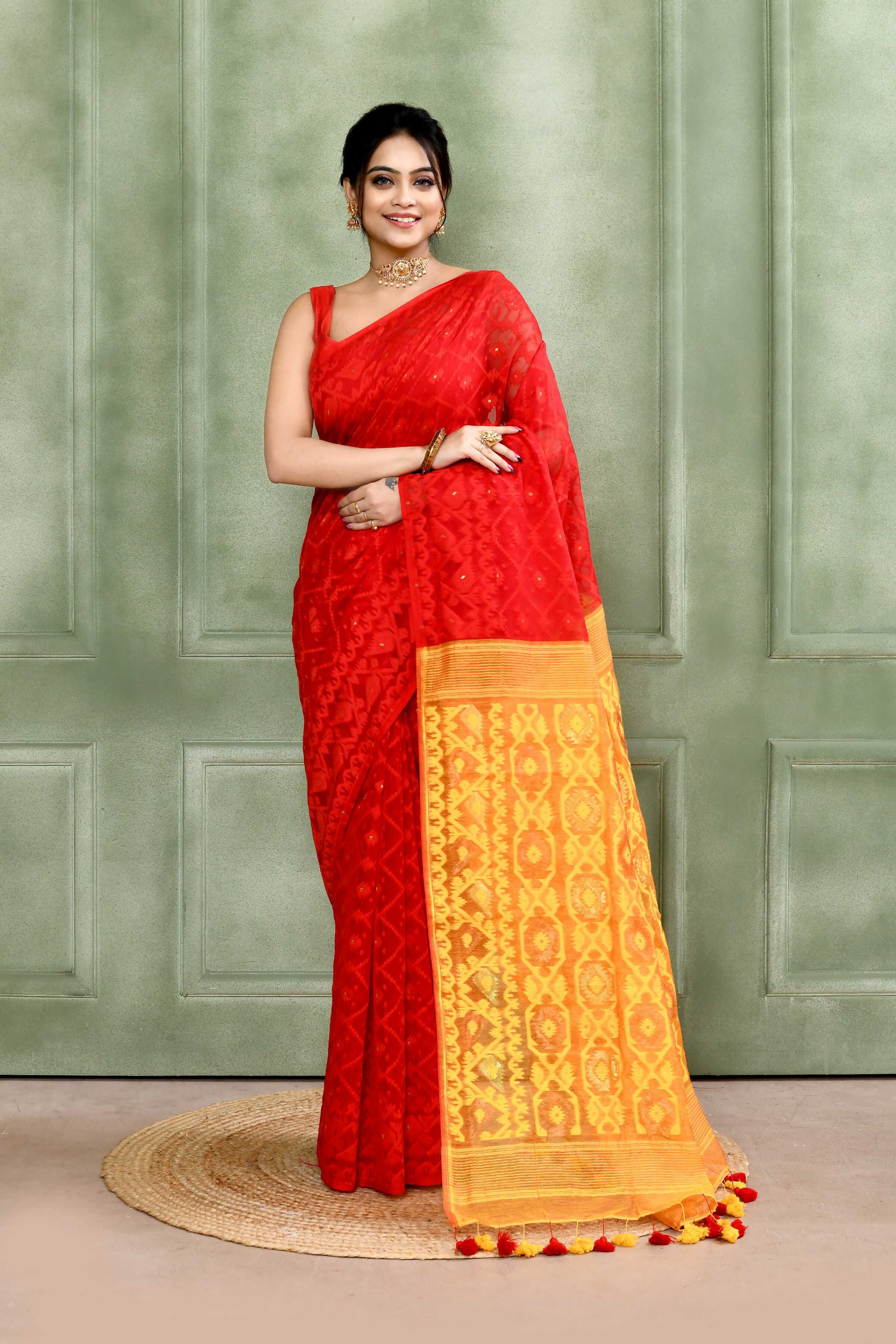 Piyari Fashion Women's Red Embellished Cotton Blend Jamdani Saree