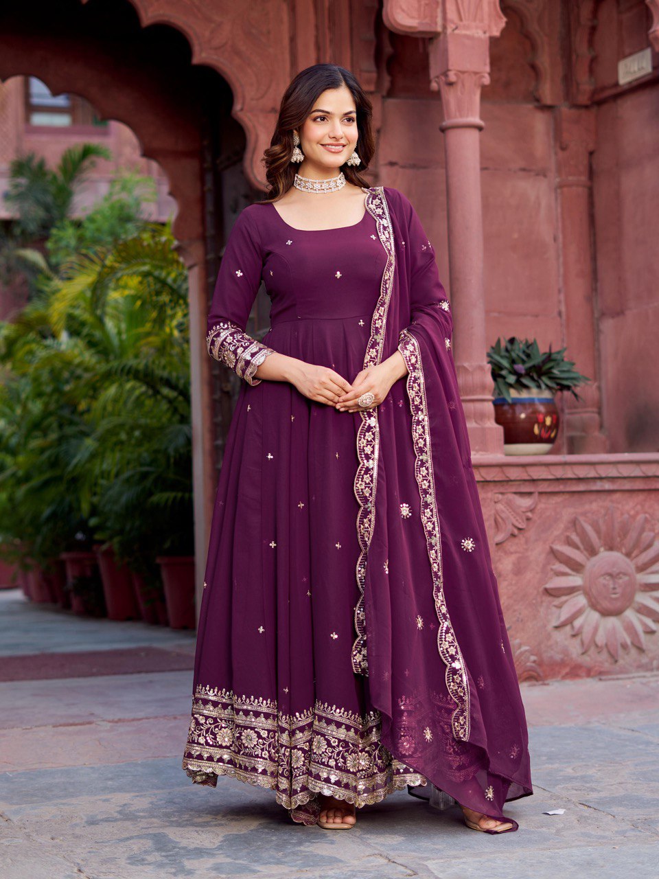 Lehenga Mart Designer Anarkali Suit With Kurta Palazzo Dupatta For Women-Wine