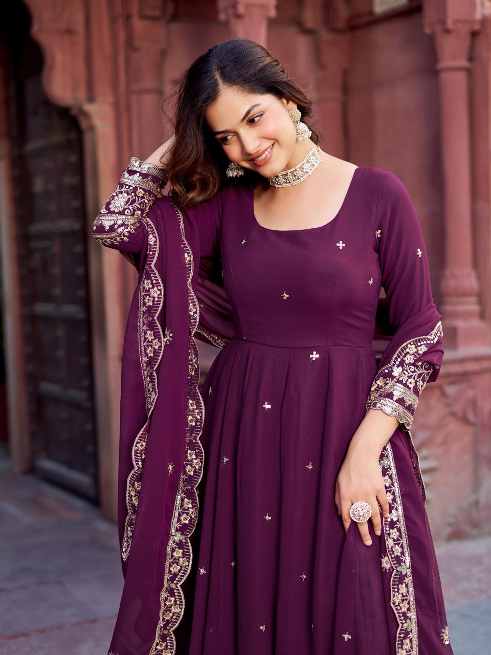 Lehenga Mart Designer Anarkali Suit With Kurta Palazzo Dupatta For Women-Wine