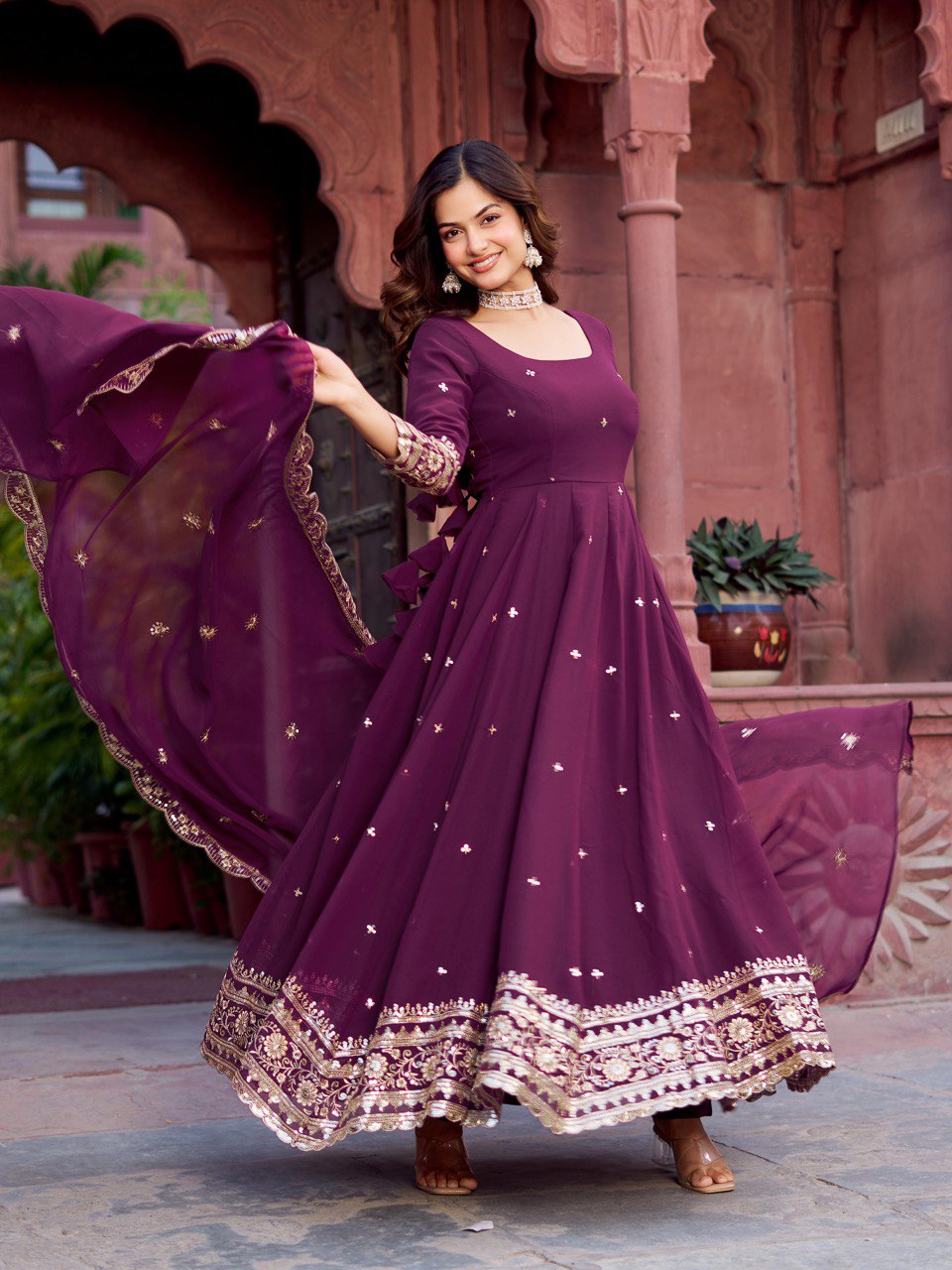Lehenga Mart Designer Anarkali Suit With Kurta Palazzo Dupatta For Women-Wine