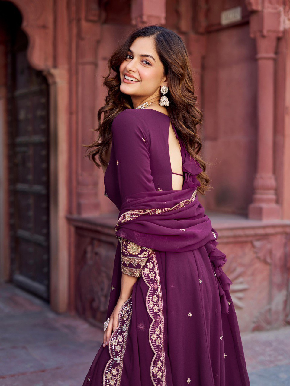 Lehenga Mart Designer Anarkali Suit With Kurta Palazzo Dupatta For Women-Wine