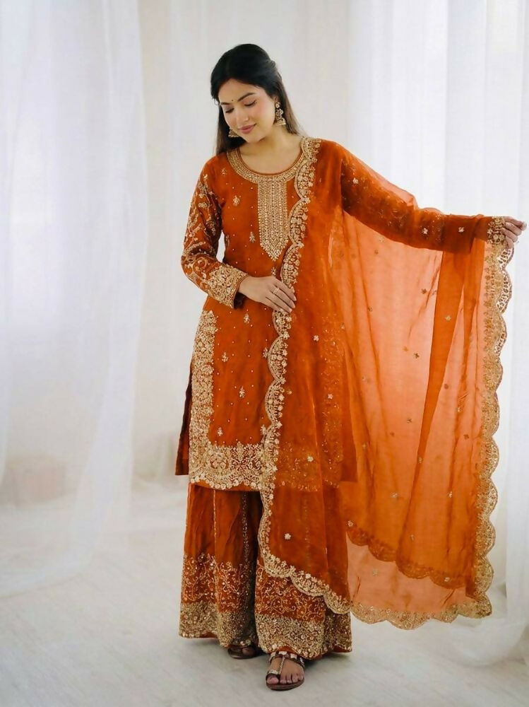 Teeya Creation Orange Color Fendy Silk Embroidery Work Wedding Wear Salwar Suit