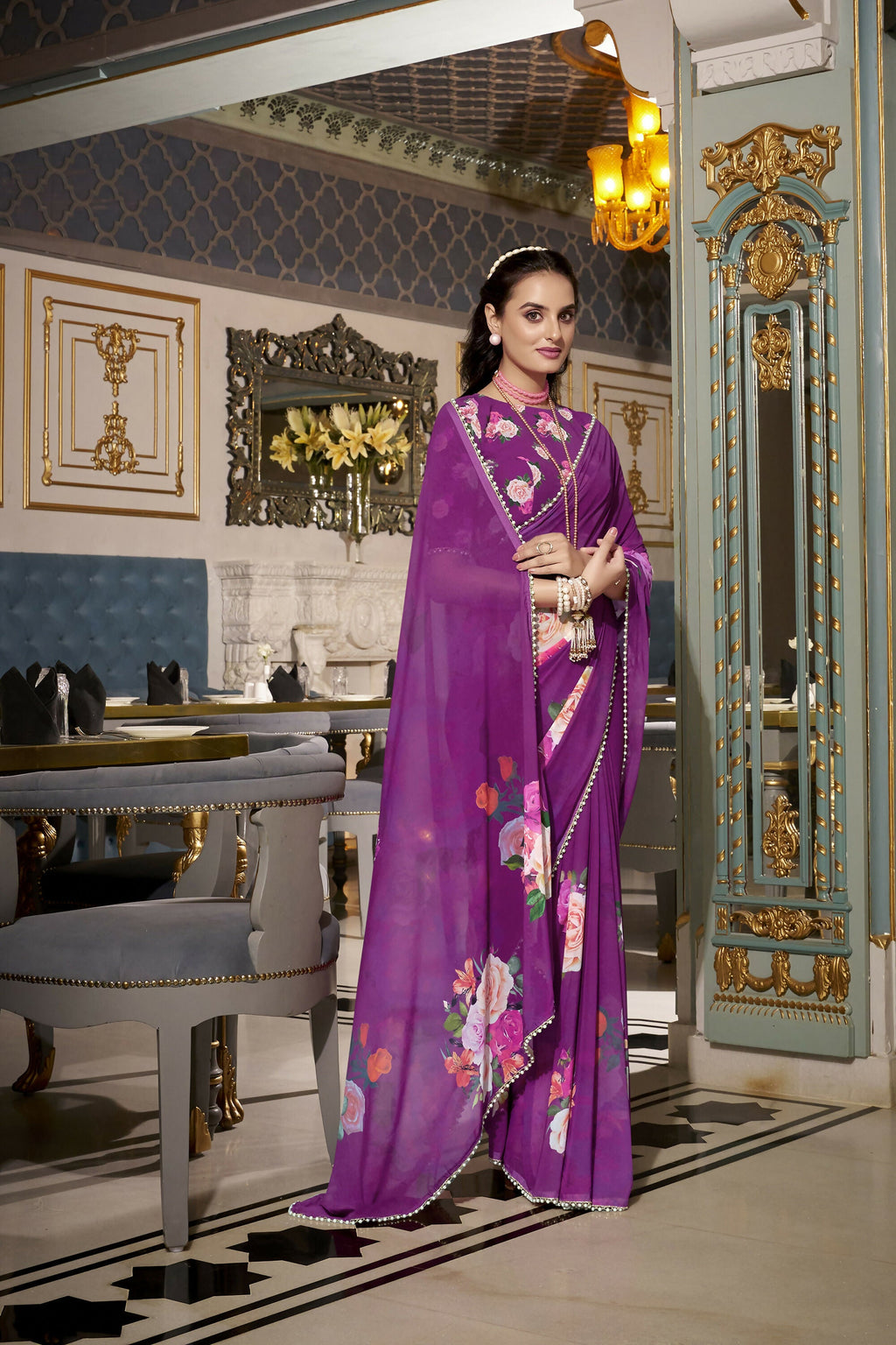 Vastranavya Purple Spectacular Georgette Printed with Pearl Lace Saree with Unstitched Blouse