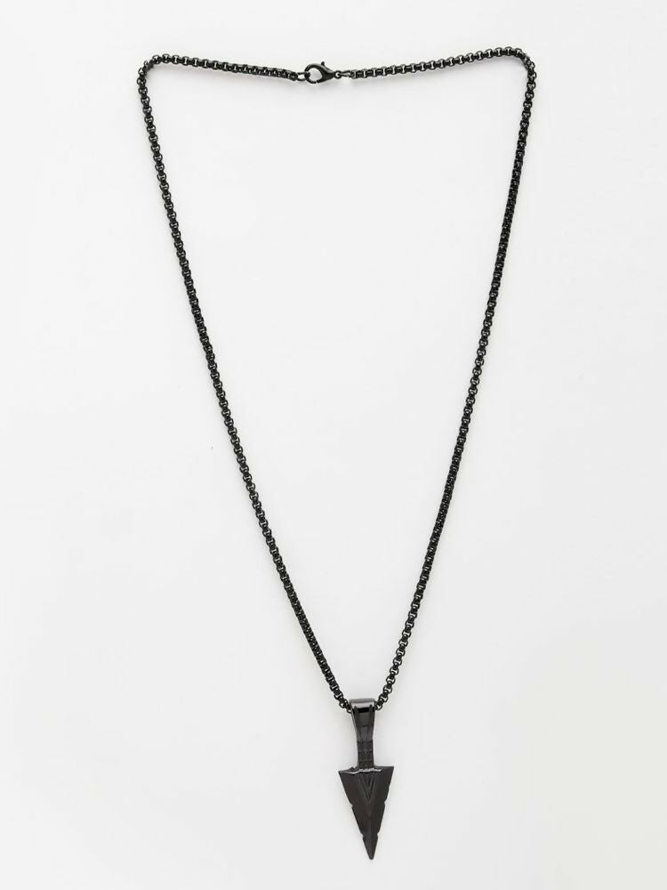 NVR Men's Black Arrow Shaped Rhodium Plated Pendant with Chain