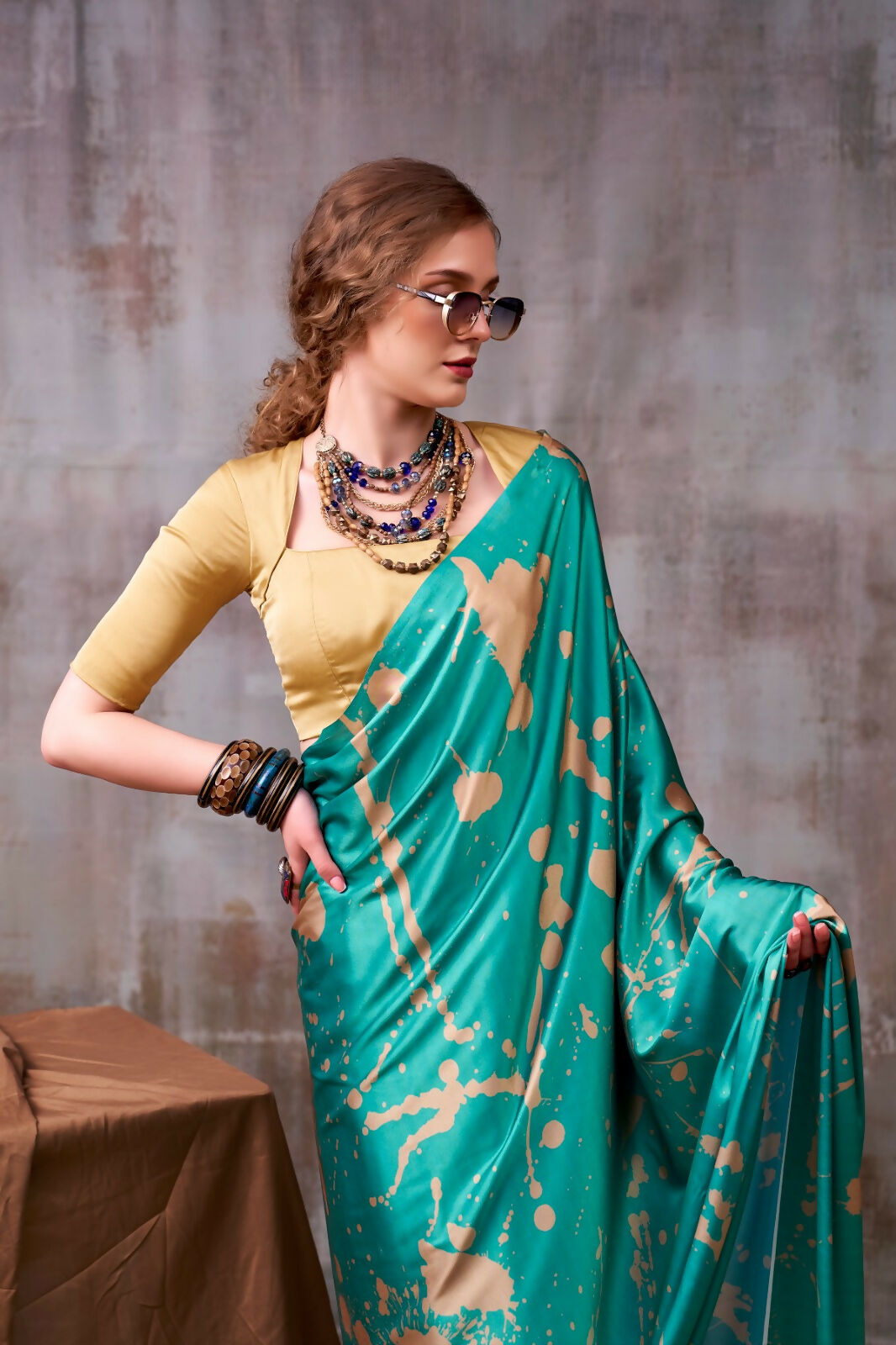 Vastranavya Sea Blue Satin Silk Printed Saree with a Natural Silk Unstitched Blouse