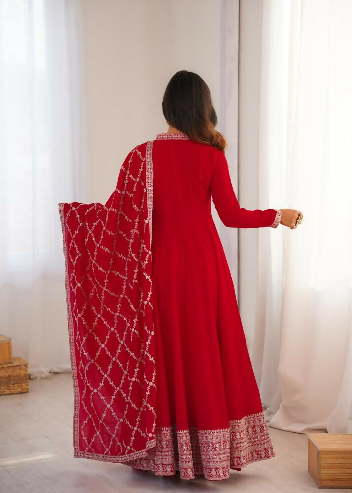 Lehenga Mart Designer Anarkali Suit With Kurta, Dupatta For Women-Red
