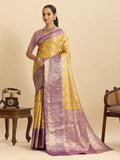 Vedant Vastram Soft Litchi Silk Kanjeevaram Silk Jacquard Saree - Yellow