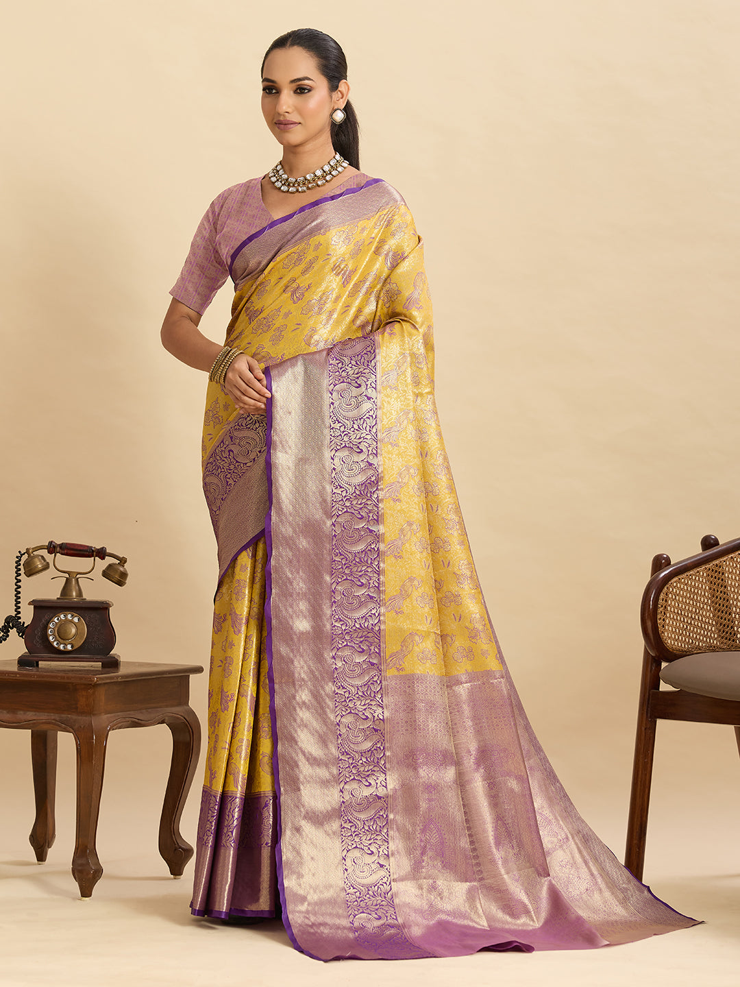 Vedant Vastram Soft Litchi Silk Kanjeevaram Silk Jacquard Saree - Yellow