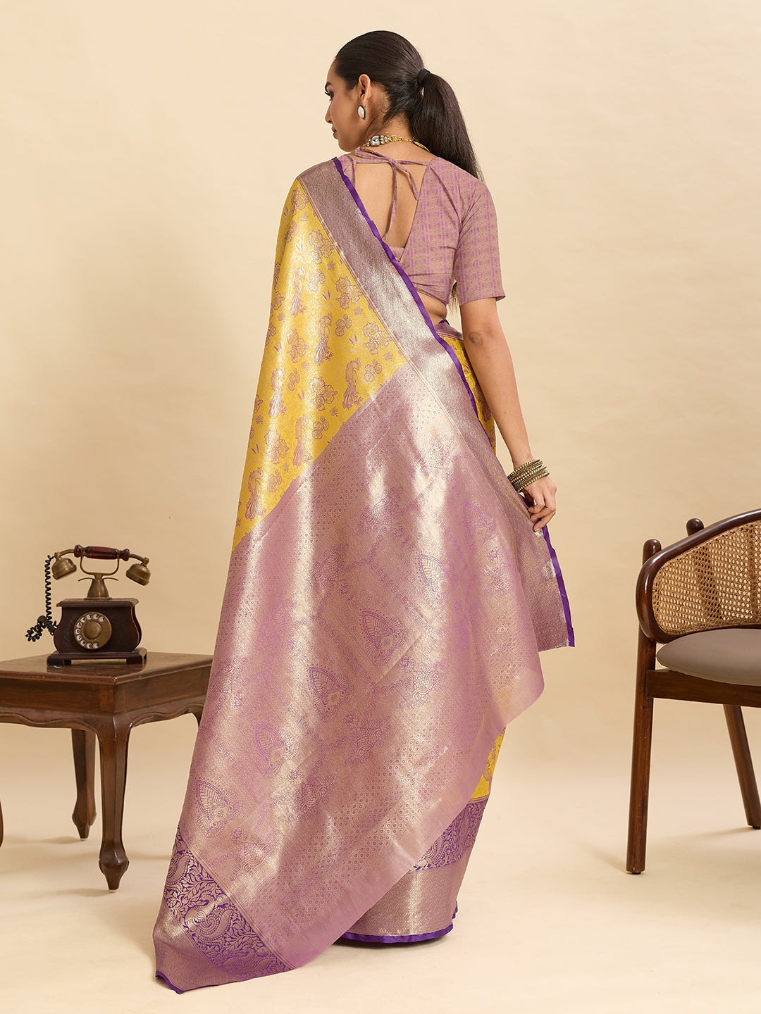 Vedant Vastram Soft Litchi Silk Kanjeevaram Silk Jacquard Saree - Yellow