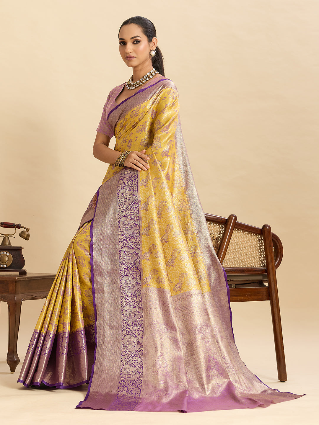 Vedant Vastram Soft Litchi Silk Kanjeevaram Silk Jacquard Saree - Yellow