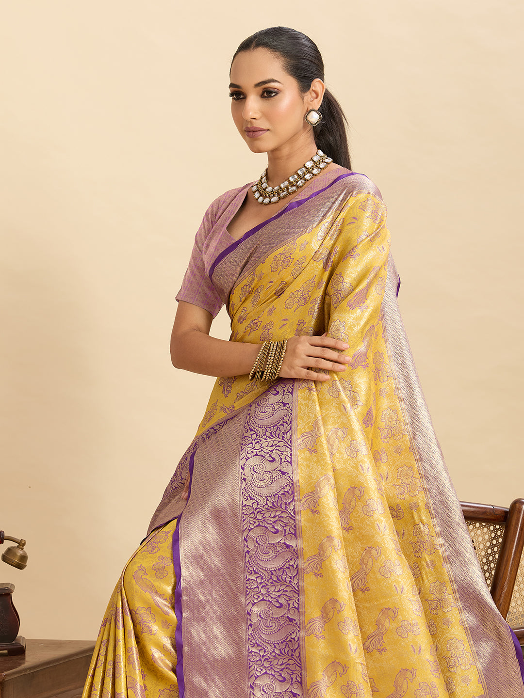 Vedant Vastram Soft Litchi Silk Kanjeevaram Silk Jacquard Saree - Yellow