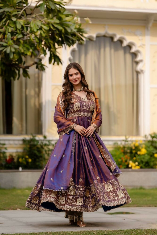 Teeya Creation Wine Primium Fendy Satin Silk Embroidery Work Wedding Wear Gown