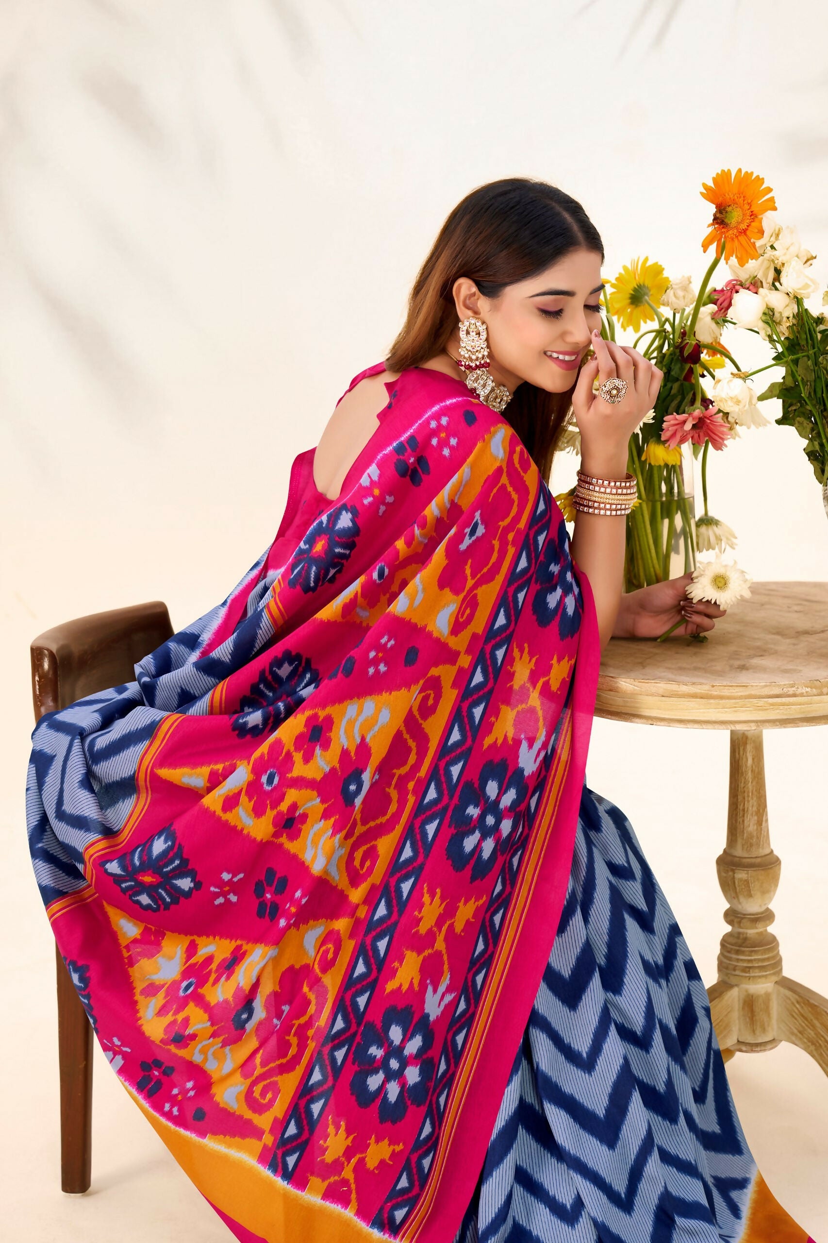Vastranavya Blue Tussar Silk Zigzag Waves Printed Saree with Unstitched Blouse