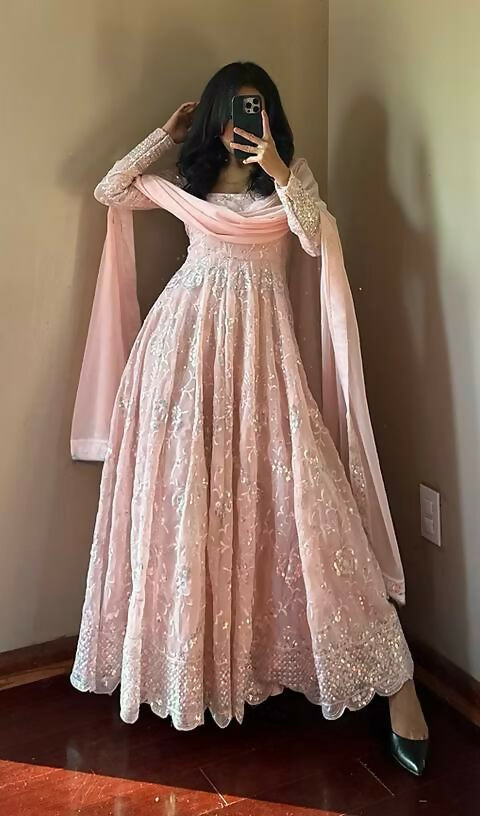 Teeya Creation Light Peach Color Faux Georgette Long Party Wear Gown