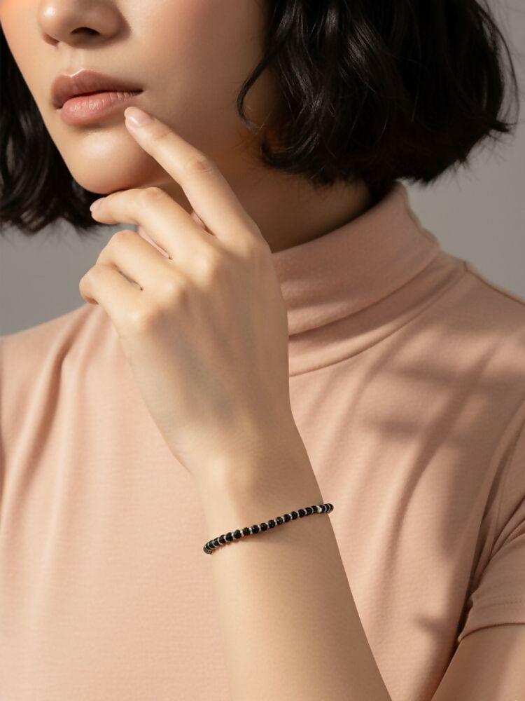 NVR Women Silver Plated Black Beaded Adjustable Bracelet