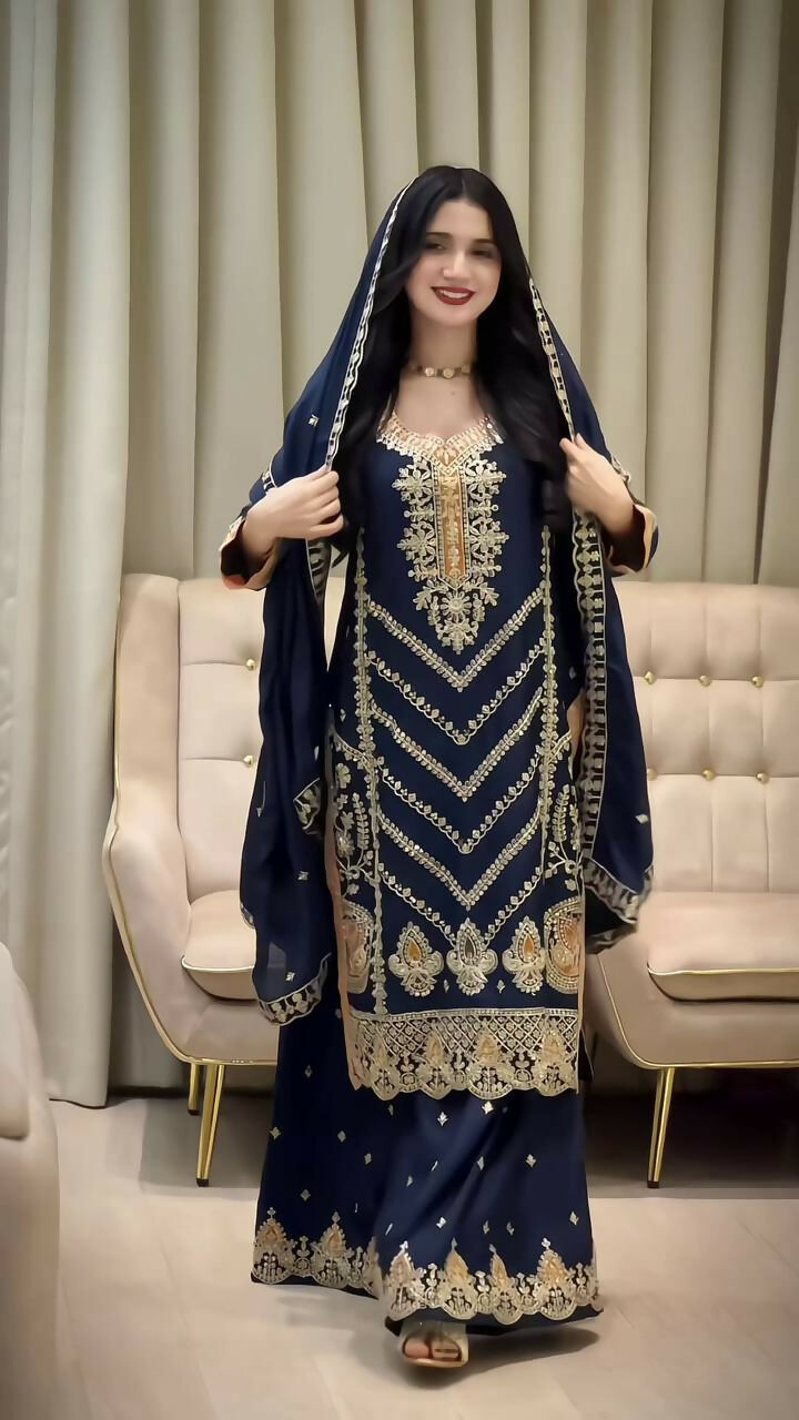 Teeya Creation Blue Color Chinon Silk Party Wear Trending Palazzo Set