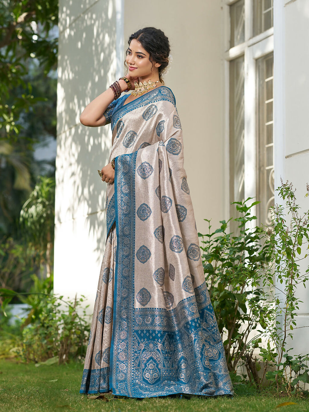 Shree Shyam Fashion Cream With Blue Silk Blend Saree