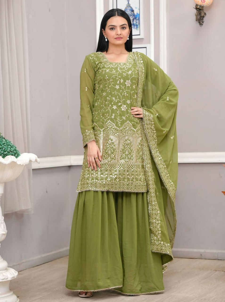 Teeya Creation Mehendi Green Faux Georgette Embroidery Work Sharara Set
