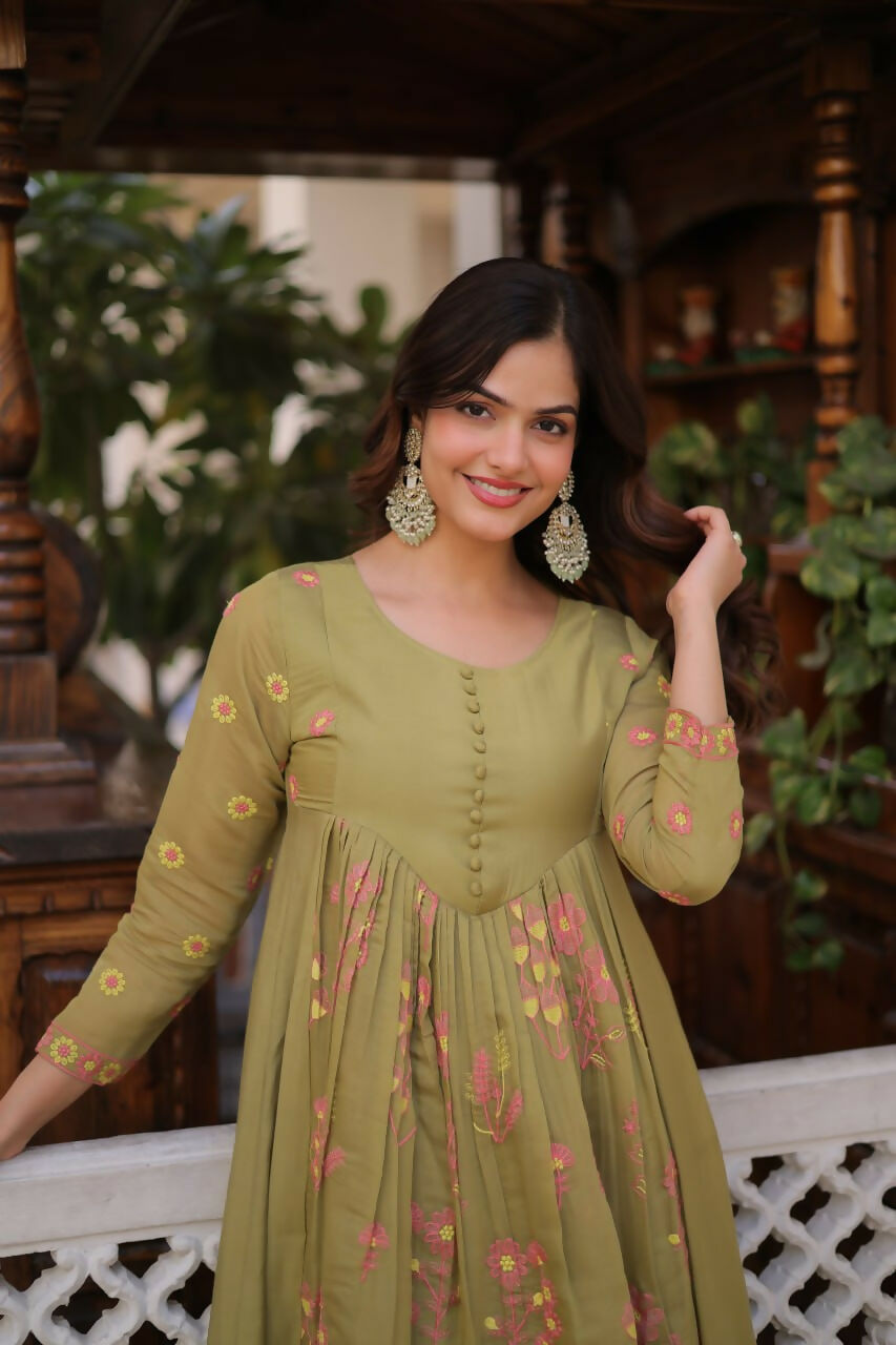 Teeya Creation Womens New Fancy Mul Chanderi With Embroidered Work Gown Set