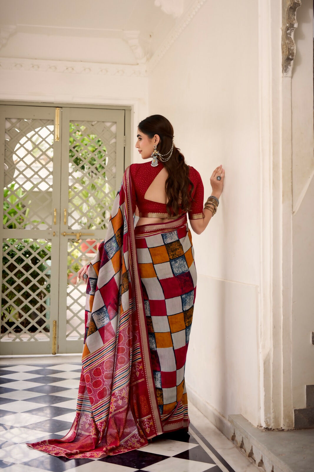Vastranavya Maroon Viscose Chanderi Printed with Temple Border Saree & Unstitched Blouse