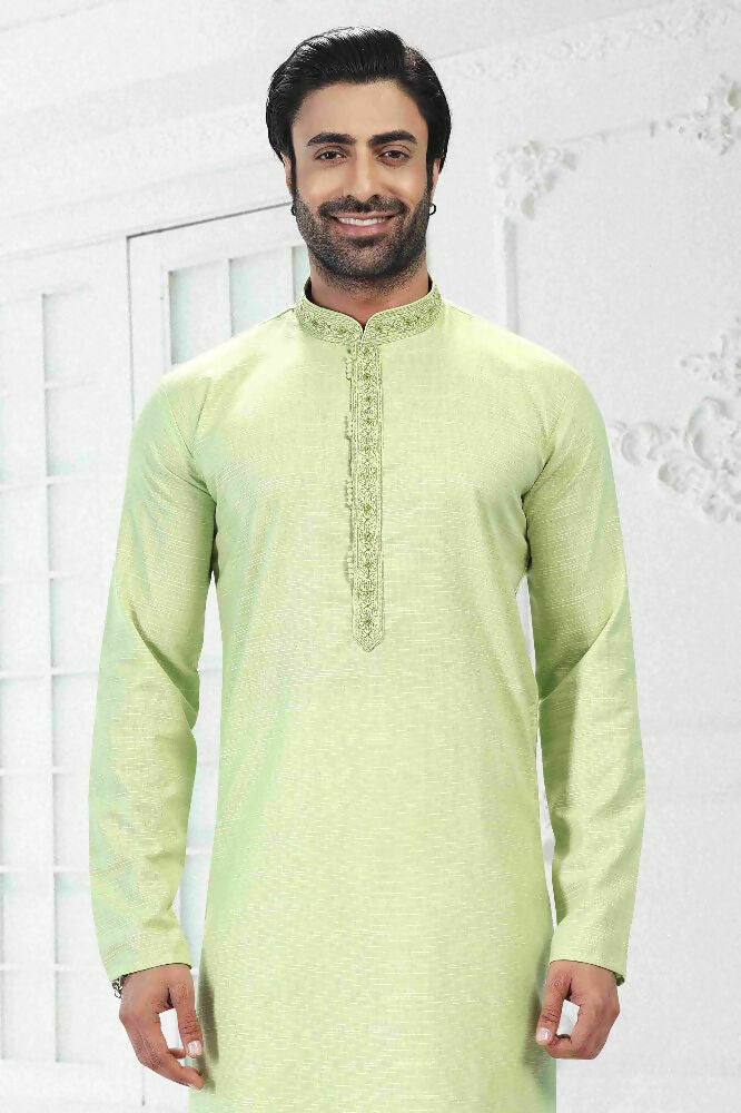 Raivat Ethnic Linen Cotton Thread Work Kurta Pajama In Pista Green Colour