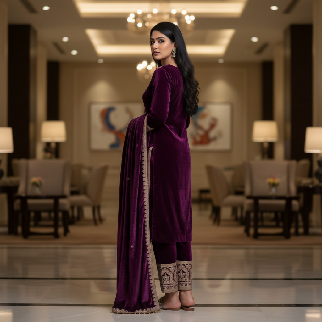 Joban Fashion Purple Kurta Set Velvet Embroidery Sequence Work