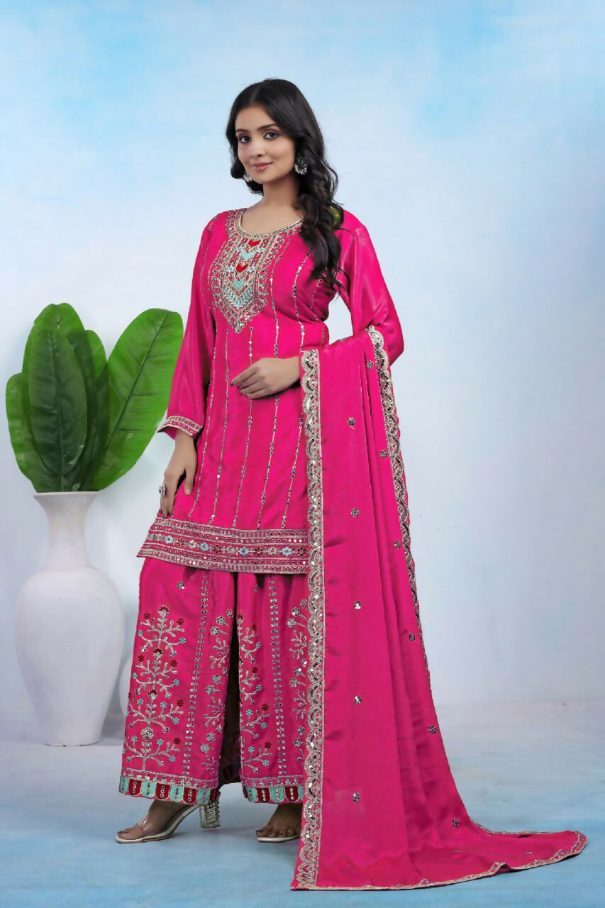 Teeya Creation Pink Color Chinon Silk Wedding Wear Trending Palazzo Set