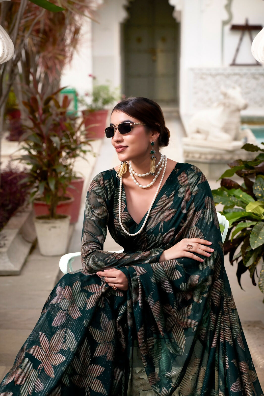 Vastranavya Bottle Green Lurex Brasso Floral Printed Saree with Unstitched Blouse