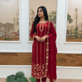 Joban Fashion Red Kurta Set Velvet Embroidery Sequence Work