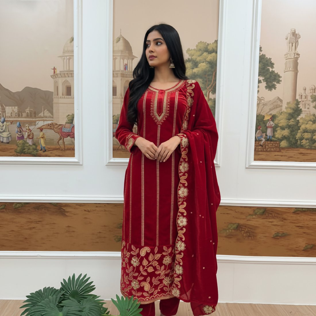 Joban Fashion Red Kurta Set Velvet Embroidery Sequence Work