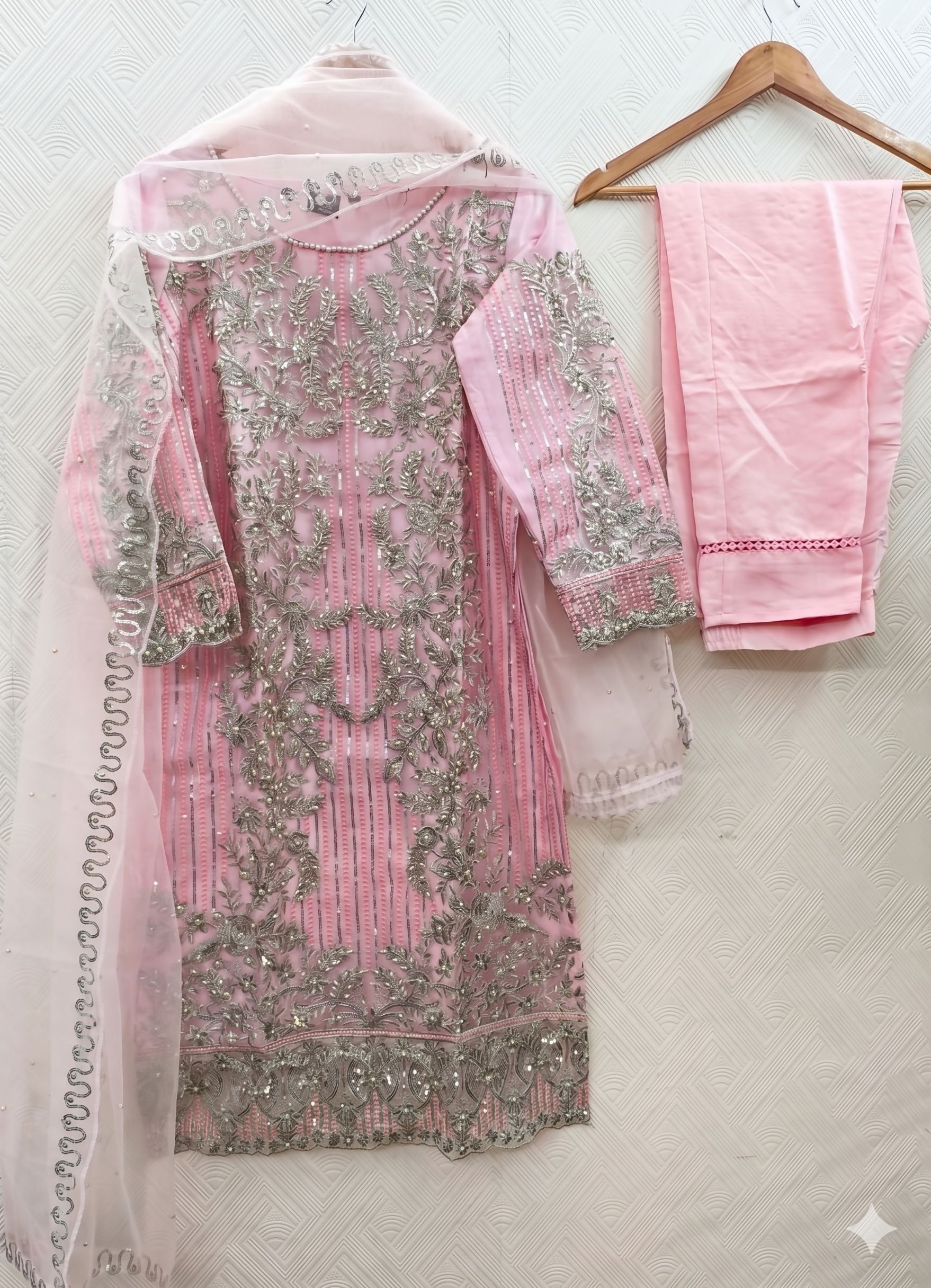 Teeya Creation Womens New Soft Net With Heavy Embroiedery With Sequence Work Pink Kurta Set
